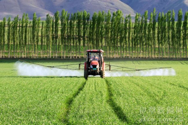 特克斯县农民在农田里采用机械喷洒农药