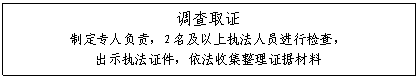 文本框: 调查取证
制定专人负责，2名及以上执法人员进行检查，
出示执法证件，依法收集整理证据材料
