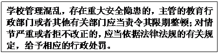 文本框: 学校管理混乱，存在重大安全隐患的，主管的教育行政部门或者其他有关部门应当责令其限期整顿；对情节严重或者拒不改正的，应当依据法律法规的有关规定，给予相应的行政处罚。